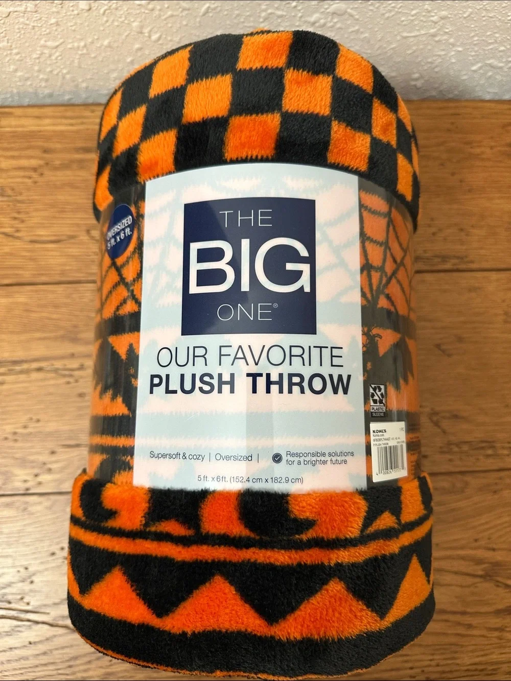 The Big One Orange & Black Checker Plush Throw with bats and cats